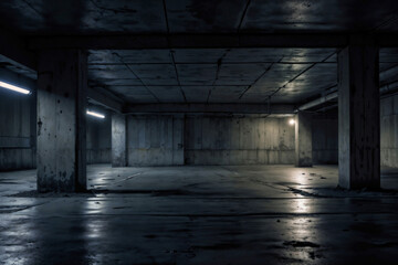 Empty grunge concrete parking garage with columns, lamps. Wet asphalt floor reflects lights, dark, moody atmosphere