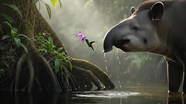 Hummingbird Feeding on Orchid Near Water with Tapir Drinking in Lush Jungle Scene