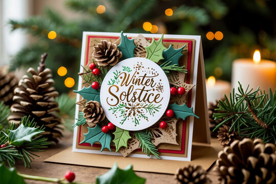 Winter solstice greeting card on decorated winter background spruce branches and cones AI Generative - Powered by Adobe
