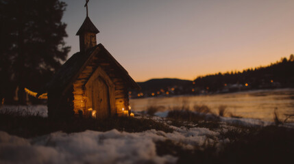 Obraz premium Winter sunset view of a small wooden Orthodox church by the river, illuminated with candles during a quiet evening