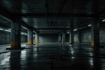 Empty grunge concrete parking garage with columns, lamps