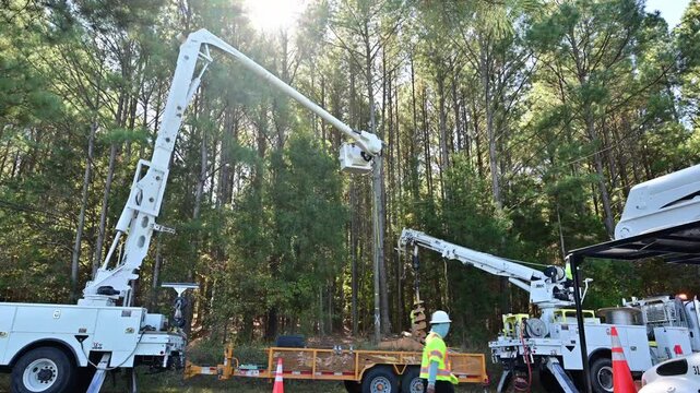 Workers Installing a new electric power pole in a rural area