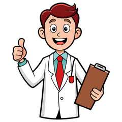 Friendly Cartoon Doctor Holding Clipboard and Giving Thumbs Up Vector Illustration