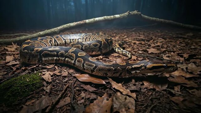 Closeup of a Large Snake Resting on Forest Floor in Natural Habitat