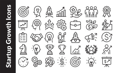 Startup Growth Line Icon Set: Business Success, Innovation, Strategy, and Corporate Development Vector
