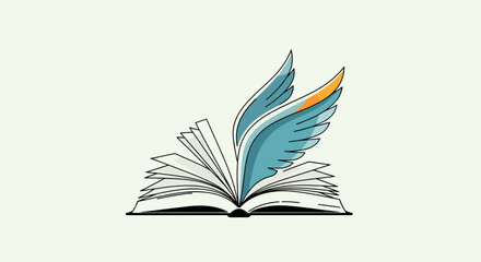 Conceptual illustration of an open book with stylized wings, symbolizing knowledge and inspiration for educational materials and literary content.
