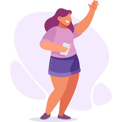 Woman Waving Hand Holding Smartphone With Purple Top And Blue Skirt And Purple Shoes On White Background