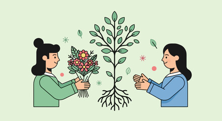 Vector illustration of two women exchanging gifts with a tree in the middle, symbolizing growth and connection, suitable for eco-friendly initiatives and community projects