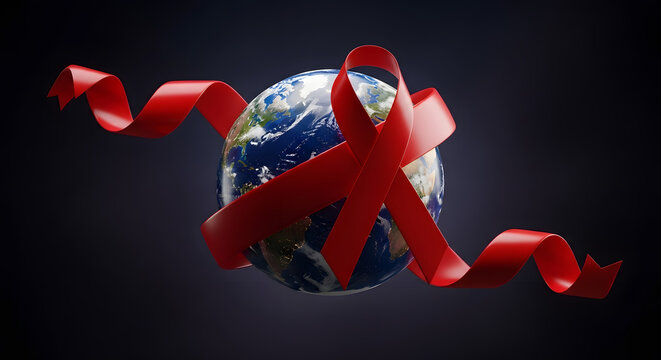 World globe encircling red ribbon represents global health awareness