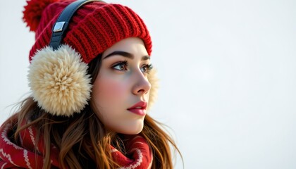 woman wearing a Santa hat smiling in a winter holiday scene.