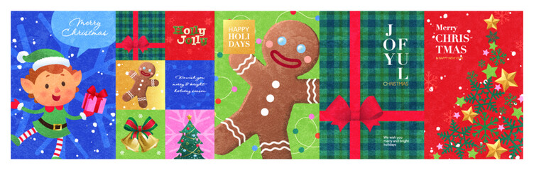 Merry Christmas and Happy New Year illustration set. Cute vector cartoon of gingerbread man, Christmas tree, elf, Christmas present for greeting card, postcard, poster, or background