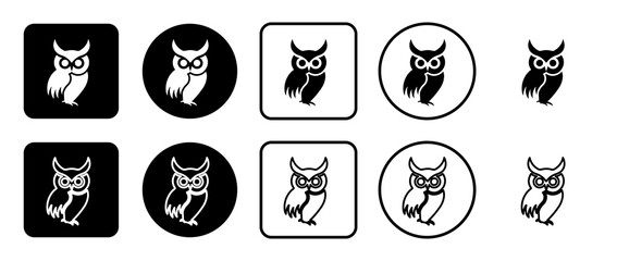 Icon set of owl symbol. Filled, outline, black and white icons set, flat style.  Illustration on transparent background