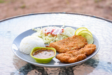 Two crispy fried fish fillets served with rice, salad, and spicy Thai dipping sauce.