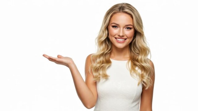 Abstract marketing concept of beautiful smiling blonde woman presenting an open copyspace area for branding, text, logo or business idea, white background studio landscape