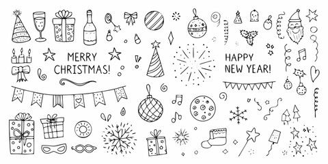 Hand drawn doodle elements for merry christmas and happy new year celebrations with gifts and festive decorations