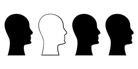 Four profile silhouettes of human heads three black and one white outline representing diversity and individuality