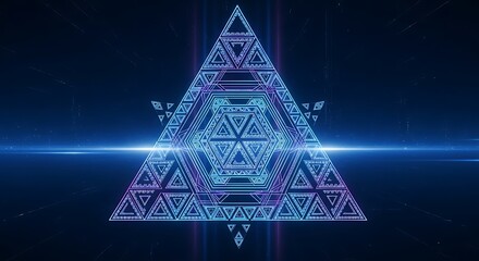 A luminous, layered geometric design with triangular and hexagonal shapes set against a dark blue cosmic backdrop