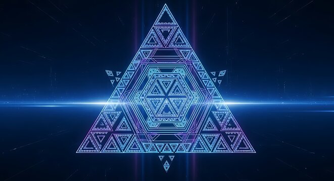A luminous, layered geometric design with triangular and hexagonal shapes set against a dark blue cosmic backdrop