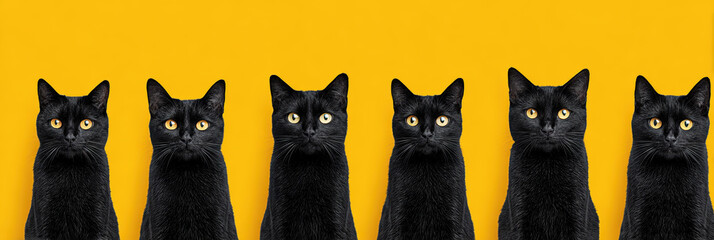 Curious group of six black cat animal friends sitting in neat row, looking intensely at camera against vibrant yellow background, creating sense of mystery