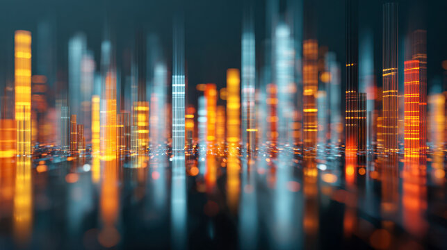 Digital audio equalizer bars glowing with vibrant blue and orange lights in a futuristic dark background representing sound visualization and music technology concep