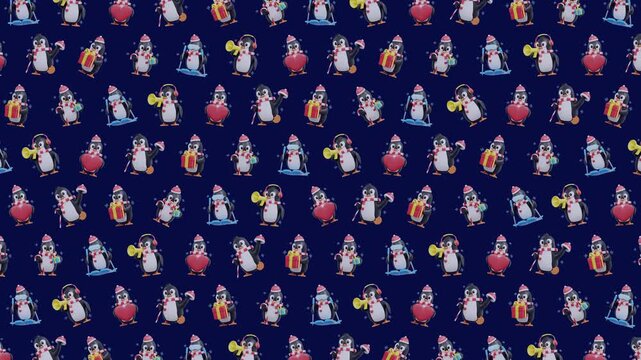 4K 3D Cute Christmas Penguin Character Seamless Pattern Background Animation