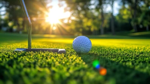 Golden sun rays illuminate a golf ball and putter on a lush green course