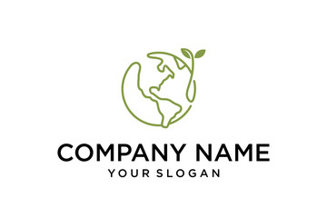 Green Earth Planet with Leaf Sprout Line Art Logo Design Concept