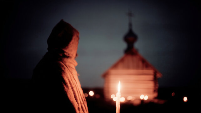 Person in traditional robe standing before an Orthodox church at dusk, holding a candle in a serene atmosphere