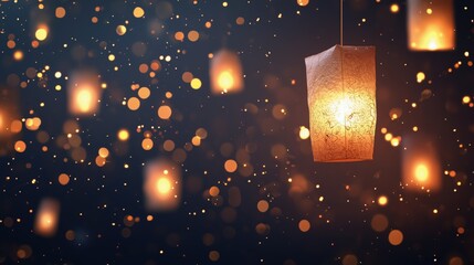 Elegant Mahayana New Year festival background, glowing paper lanterns floating in the night sky, golden sparkles, soft bokeh lights,