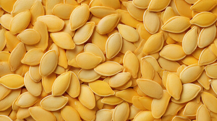 Macro food background of healthy natural pumpkin seed. pile of yellow pepita seed texture, delicious snack. Abundant food full of natural flavor for vegan diet