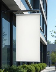 Blank white banner hangs on modern building facade. Outdoor space for promotion, advertisement, or announcement. Clear template for design, business, marketing message needs.
