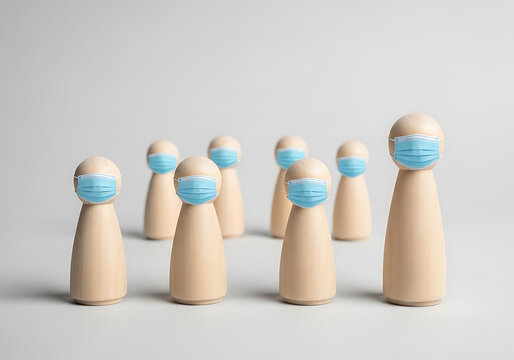 Wooden figures wearing face masks, representing social distancing