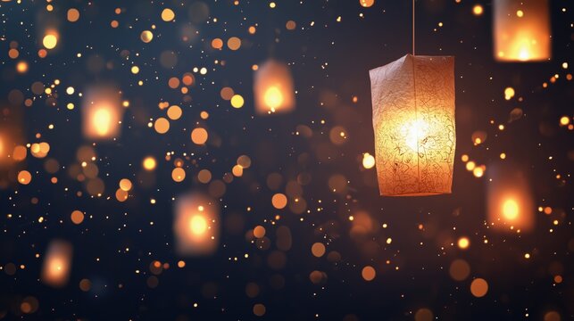 Elegant Mahayana New Year festival background, glowing paper lanterns floating in the night sky, golden sparkles, soft bokeh lights,