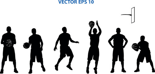 Basketball player silhouette sequence, dribbling, shooting, jumping, hoop interaction, black vector illustration, sports motion, training concept, athletic pose