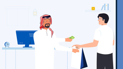 Two men exchange money and a shopping bag in a modern indoor setting. Represents commerce, cultural interaction, and customer service