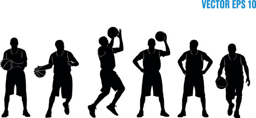 Basketball player silhouettes, action poses, dribbling, shooting, jumping, black vector illustration, sports movement, athletic stance, training concept art