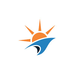 A stylized logo featuring a sun rising over blue ocean waves, a minimalist design.