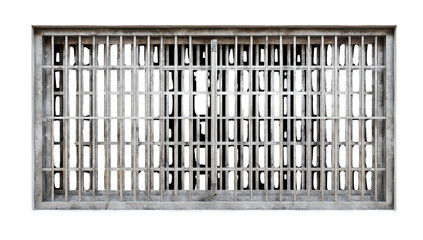 a flat, gray metal prison cell door with bars, isolated on a Transparent background PNG