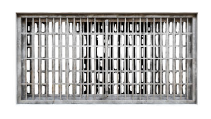  a flat, gray metal prison cell door with bars, isolated on a Transparent background PNG