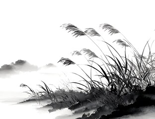 Ink painting of reeds and mountains in mist
