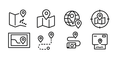 Map with Location Pin 8 Variations Outline Vector Set – Navigation Symbols, Travel Graphics, and Modern GPS UI Pack
