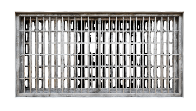  a flat, gray metal prison cell door with bars, isolated on a Transparent background PNG
