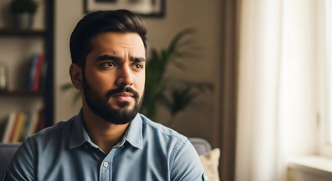 A man with dark hair and a beard looks off-camera, wearing a blue shirt. Natural light streams in