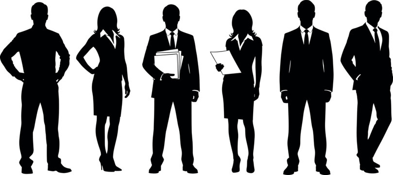 Business team silhouettes, professional men and women in formal attire, confident poses, black vector illustration, corporate concept, teamwork symbol