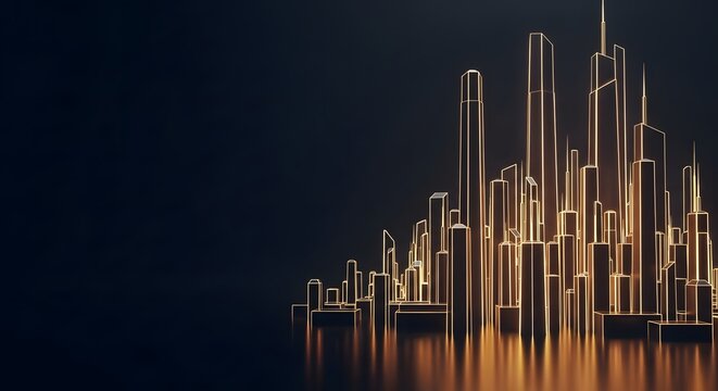 Abstract futuristic cityscape with glowing golden towers against dark background - Powered by Adobe
