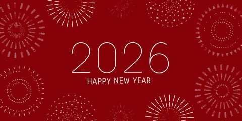 Happy new year 2026 with festive white fireworks on a deep red background