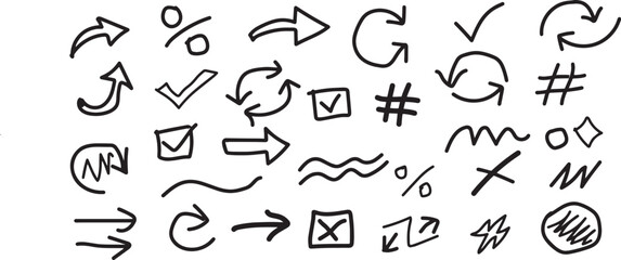 Hand-drawn doodle collection of arrows checkmarks symbols and shapes scalable vector illustration