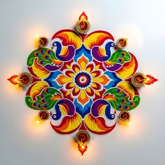 Vibrant Rangoli art with Diya's for Diwali celebration, India