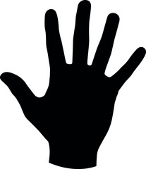 Human hand silhouette, left palm facing viewer, fingers spread apart, black vector illustration, gesture symbol, anatomy graphic, design template