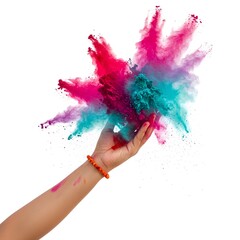 Vibrant colorful powder explosion bursting from open hand on white